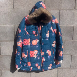 Matilda Jane Teal Floral Puffer Jacket with Faux Fur Hood M preloved